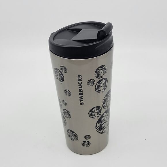 2014 Starbucks Mermaid Logo Circles Silver Stainless Steel Tumbler Travel Mug - Picture 3 of 11